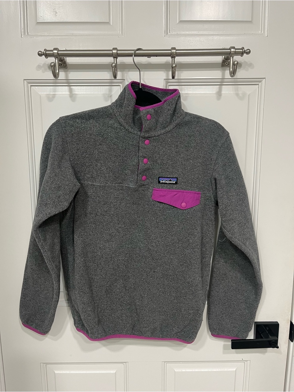 Patagonia Women’s Gray synchilla with purple/magenta trim